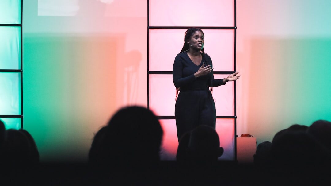 confident speaker on stage