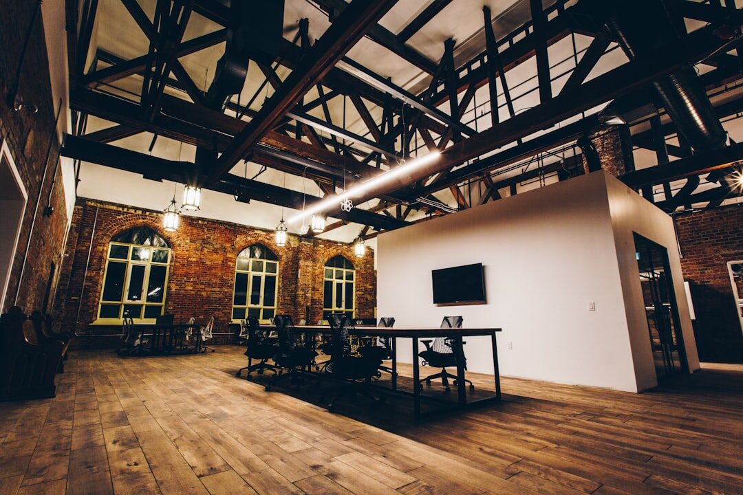 Empty modern meeting room with warm lighting